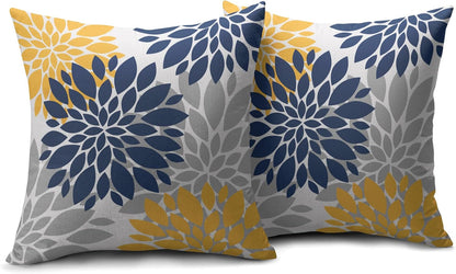 Navy Blue Yellow Pillow Covers 16x16 Set of 2 Grey Gray Dahlia Flower Outdoor Decorative Throw Pillows Modern Geometry Art Farmhouse Pillowcases Linen Cushion Case Decor for Home Sofa Couch Bed
