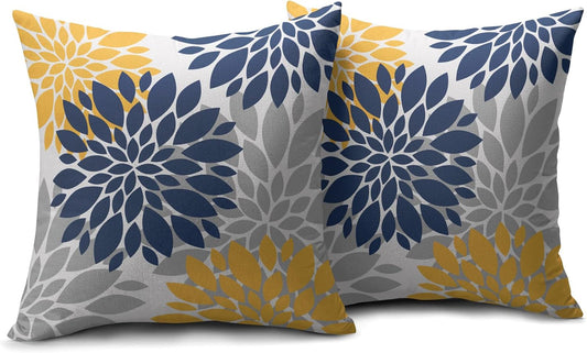 Navy Blue Yellow Pillow Covers 16x16 Set of 2 Grey Gray Dahlia Flower Outdoor Decorative Throw Pillows Modern Geometry Art Farmhouse Pillowcases Linen Cushion Case Decor for Home Sofa Couch Bed
