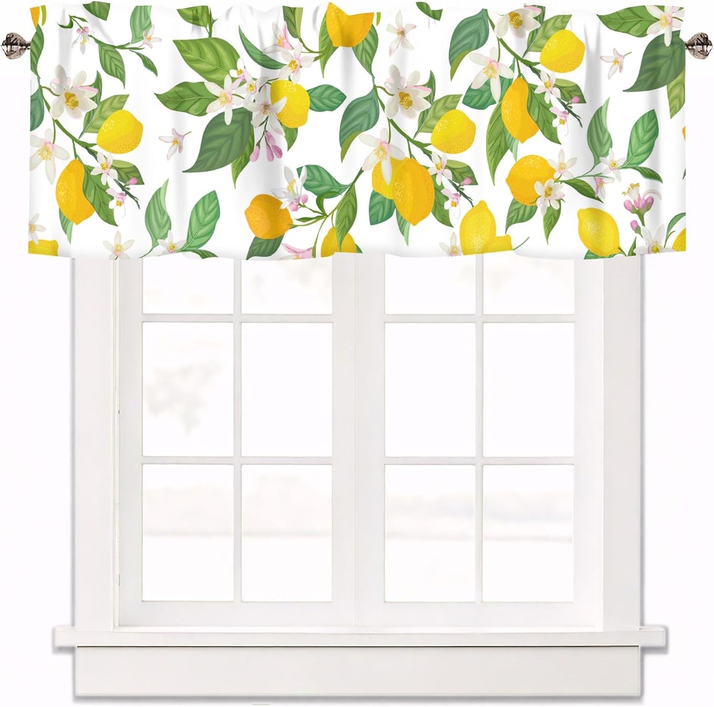 Floral Lemon Curtain Valances for Windows, Kitchen Valance Rod Pocket Window Treatments Short Curtains for Bathroom Bedroom Living Room Farmhouse Decor 42x12 Inch,1 Panel
