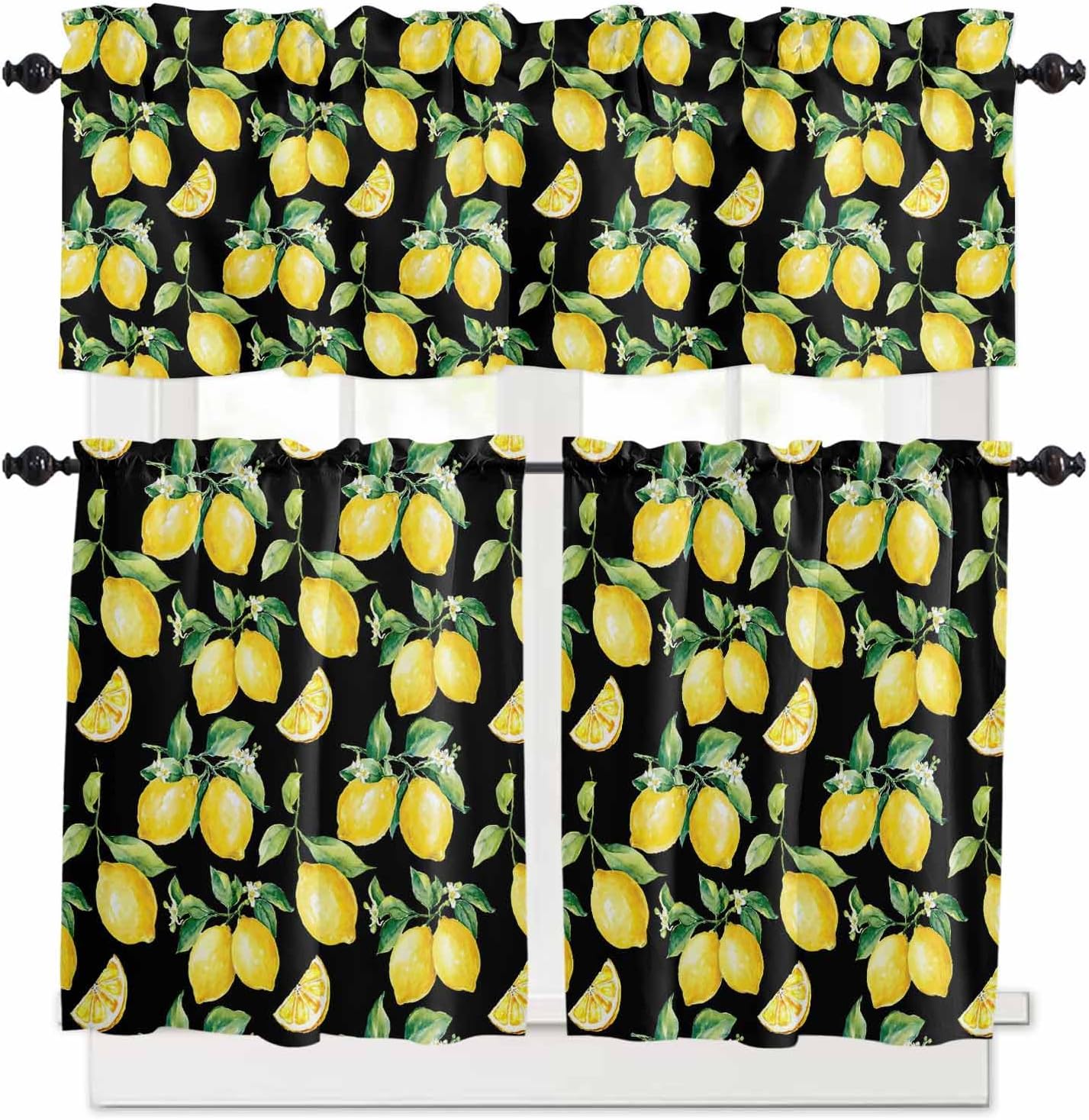 Semi Sheer Kitchen Curtains and Valances Set Summer Yellow Lemon Watercolor Style Black Valance and Tier Curtains 3 Piece, Rod Pocket Window Valances Short Drapes for Bedroom Living Room