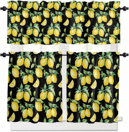 Semi Sheer Kitchen Curtains and Valances Set Summer Yellow Lemon Watercolor Style Black Valance and Tier Curtains 3 Piece, Rod Pocket Window Valances Short Drapes for Bedroom Living Room