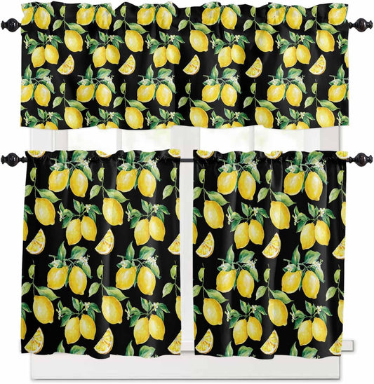 Semi Sheer Kitchen Curtains and Valances Set Summer Yellow Lemon Watercolor Style Black Valance and Tier Curtains 3 Piece, Rod Pocket Window Valances Short Drapes for Bedroom Living Room