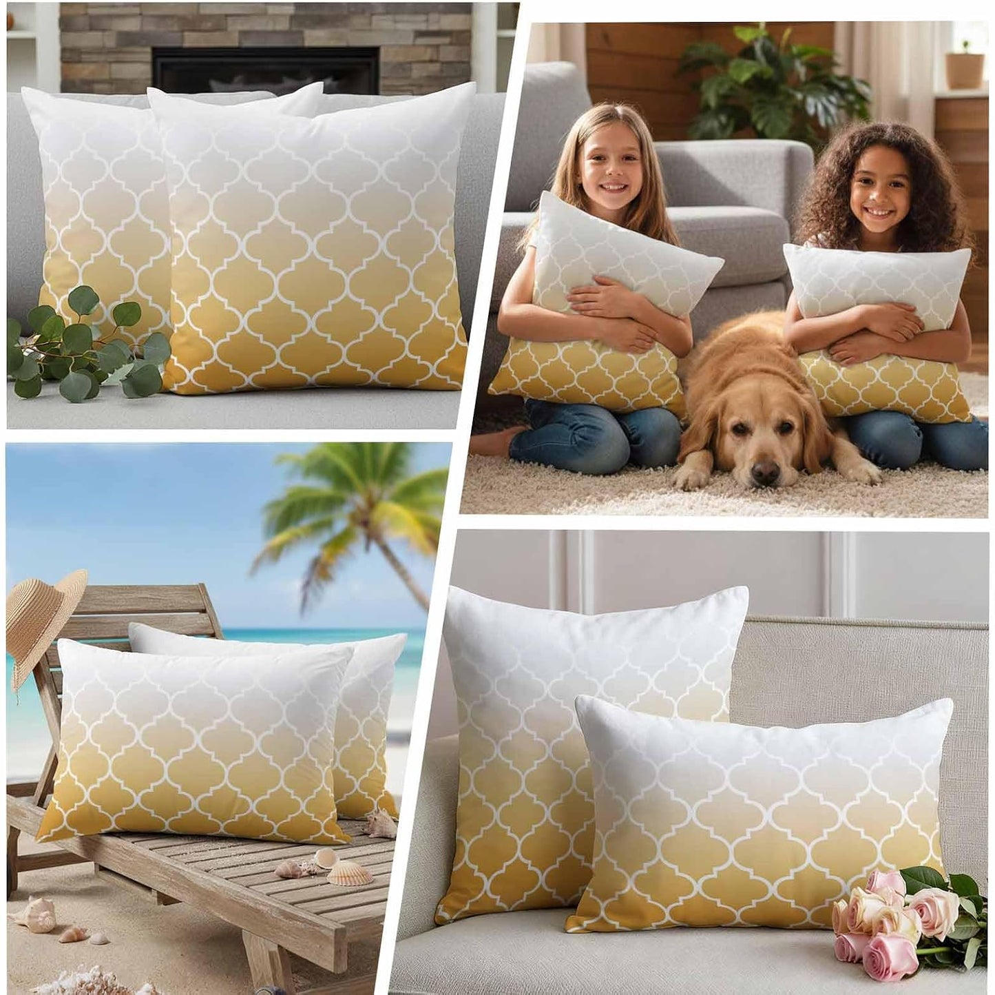 Outdoor Pillow Cover 20x12inch Set of 2, Yellow Gradient Moroccan Pattern Waterproof Decorative Throw Pillow Cover for Couch Sofa, White Stripes Buffalo Check Cushion Cases for Patio Garden