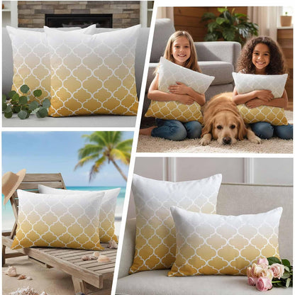 Outdoor Pillow Cover 20x12inch Set of 2, Yellow Gradient Moroccan Pattern Waterproof Decorative Throw Pillow Cover for Couch Sofa, White Stripes Buffalo Check Cushion Cases for Patio Garden