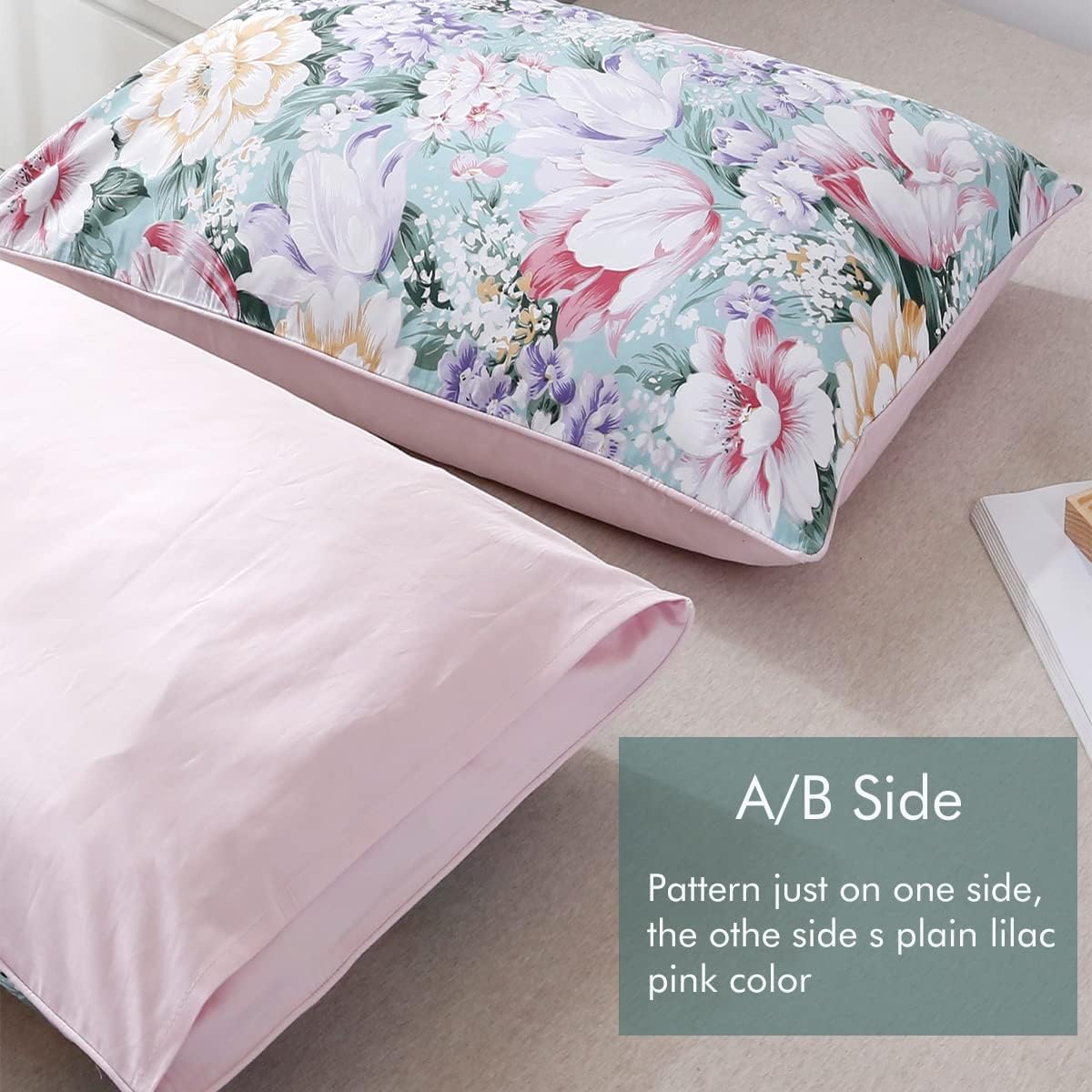 WINLIFE 100% Cotton Pillowcases Garden Floral Printed Pillow Cases Set of 2 Aqua Yellow Lavender Purple Flowers Print Pillow Cover (Standard 20 x 26'', Purple Fowers)