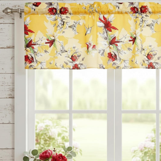 DaDa Bedding Radiant Sunshine Yellow Window Curtain Valance - Semi Sheer Natural Light Filtering Tailored Farmhouse Floral Hummingbirds - Bright Vibrant Red Flowers Kitchen Decor - 18" x 52"
