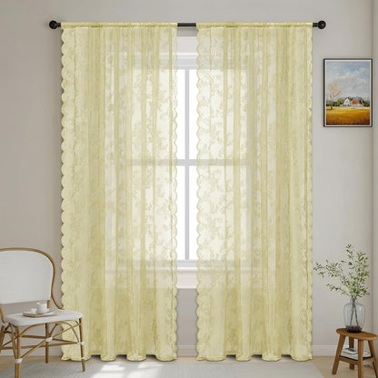 ENJOYBRIDAL Yellow Curtains 84 Inches Long Scalloped Living Room Drapes Sheer Lace Floor Length Rod Pocket Window Curtains 2 Panel Sets Boho Bedroom French Country Floral Window Treatments
