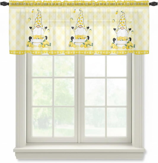 Vintage Fruit Gnomes Sheer Valance Curtains for Kitchen Living Room Decor, Summer Lemon Yellow Check Semi Sheer Curtain Voile Valance Rod Pocket Window Treatment Short Curtain Panel 54"W x 18"L