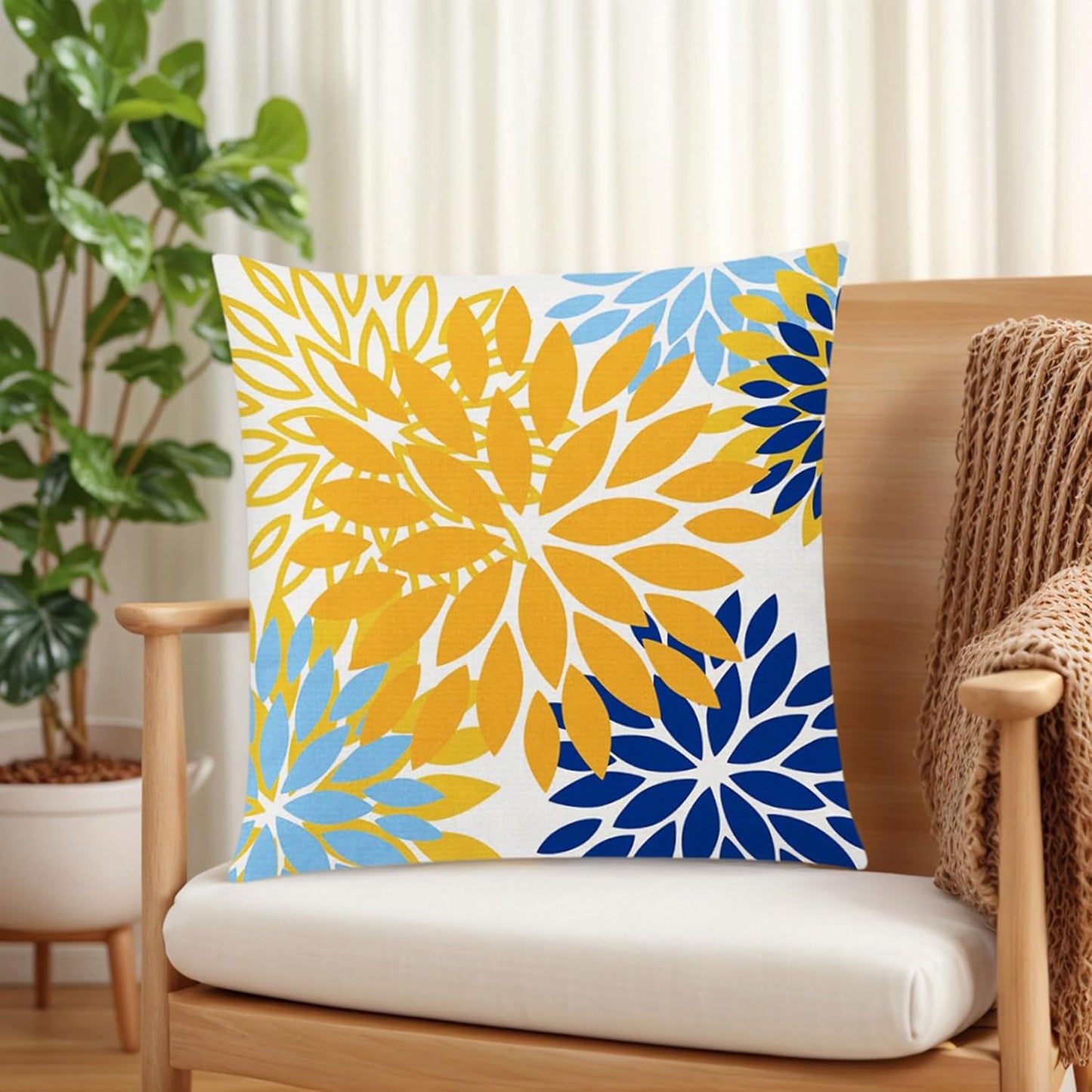 COMMINY Yellow Blue Pillow Covers 18x18 Set of 6, Daisy Flower Throw Pillow Cover Case Rustic Square Cushion Cover for Sofa Bedroom Living Room Farmhouse Home Decor