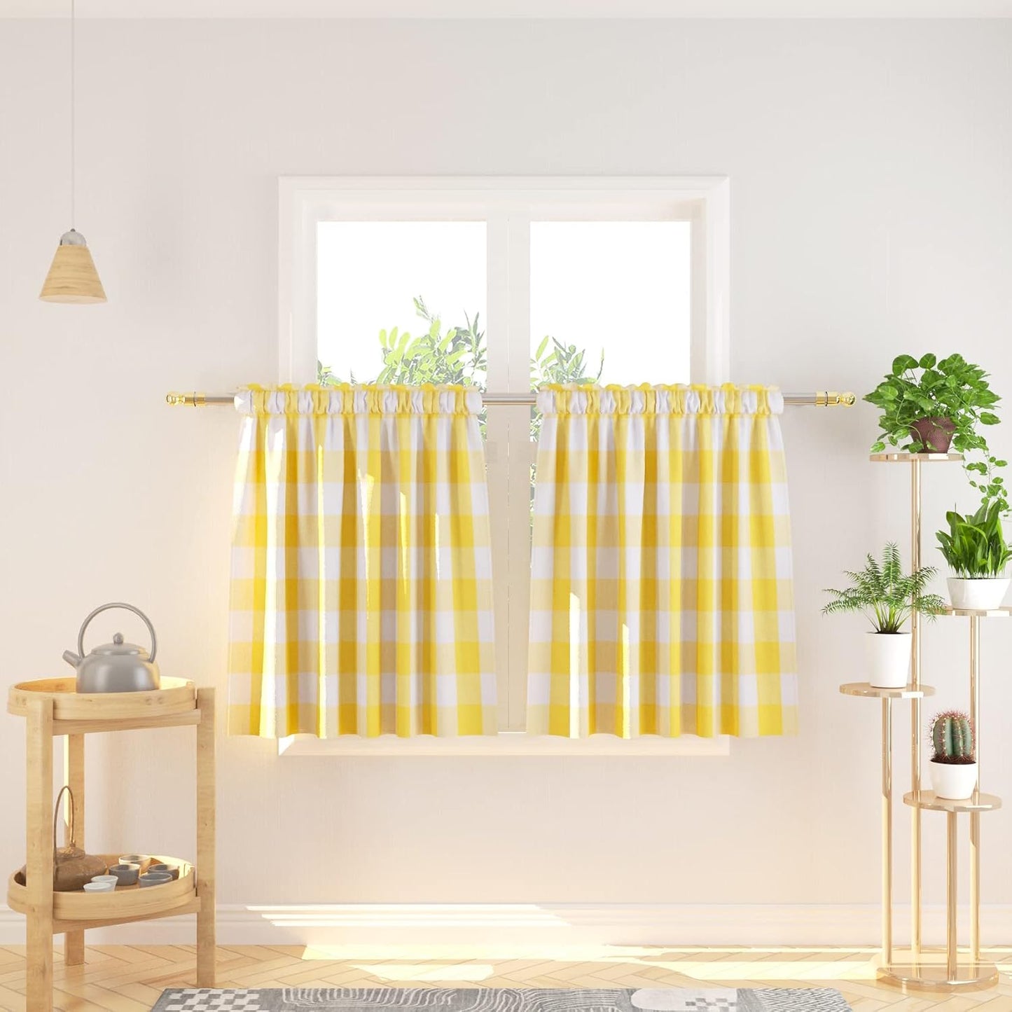 Cafe Curtains 30 inches Long Buffalo Plaid Kitchen Tiers 2 Panels Rod Pocket Gingham Check Short Small Half Window Curtains Bathroom Yellow & White