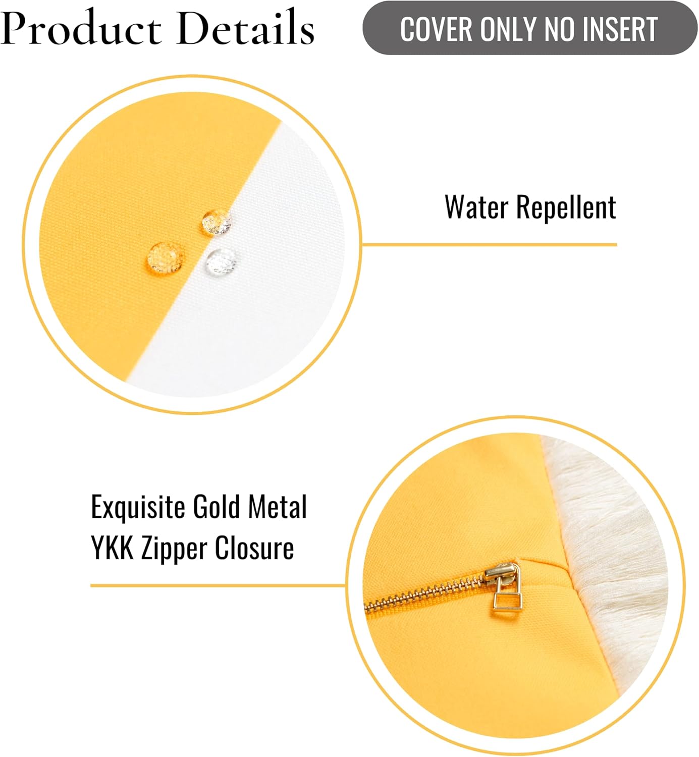 Hofdeco Premium Coastal Patio Indoor Outdoor Pillow Cover Only, 20"x20" Water Resistant for Backyard, Couch, Yellow Stripe Fringe
