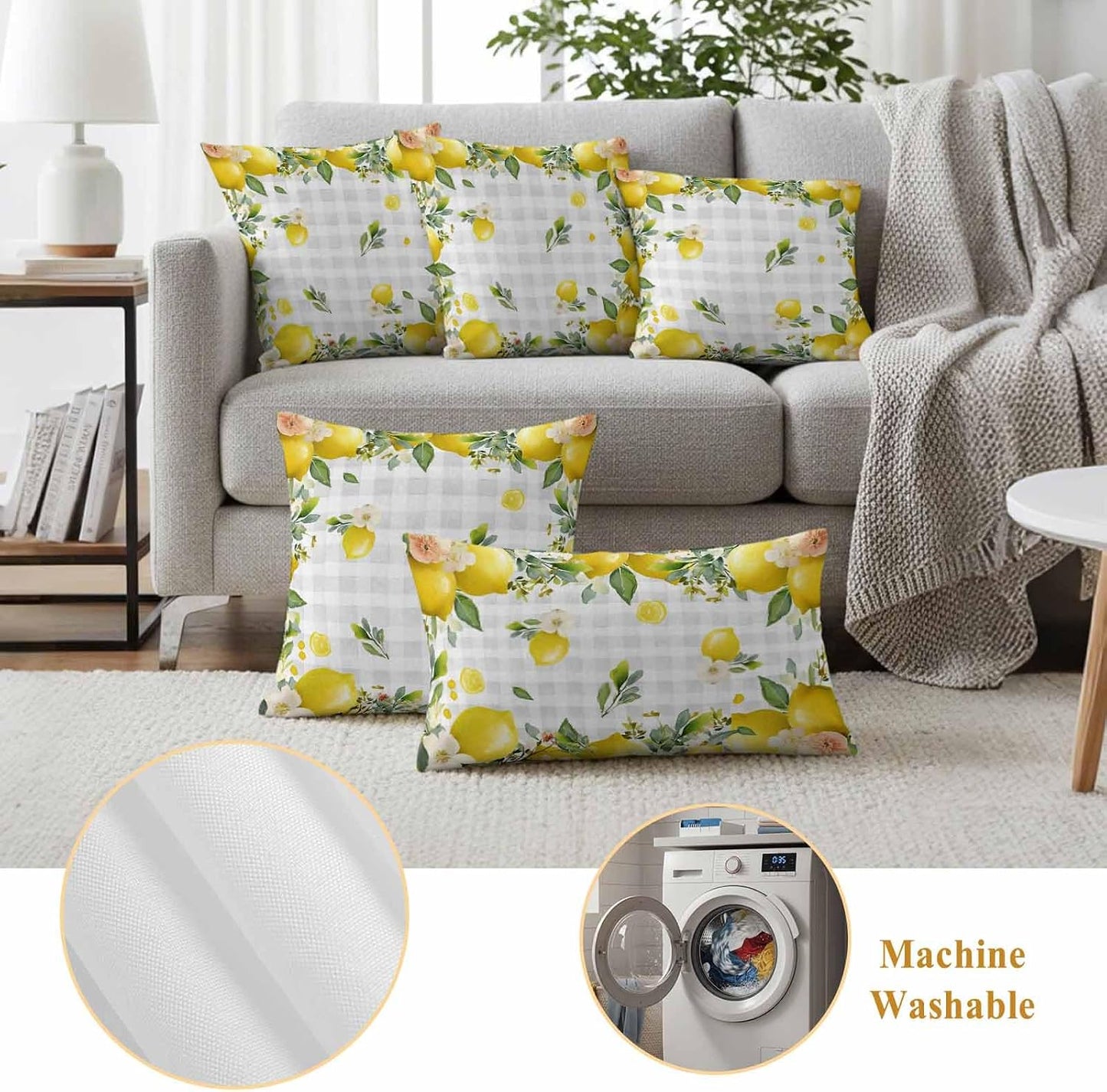 Outdoor Pillow Covers 18x18 Pack of 2, Summer Yellow Lemon on Grey Check Decorative Pillow Cover Waterproof Pillowcase, Farmhouse Fruit Theme Farmhouse Cushion Covers for Garden Patio Sofa Couch