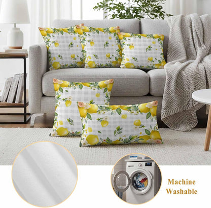 Outdoor Pillow Covers 18x18 Pack of 2, Summer Yellow Lemon on Grey Check Decorative Pillow Cover Waterproof Pillowcase, Farmhouse Fruit Theme Farmhouse Cushion Covers for Garden Patio Sofa Couch