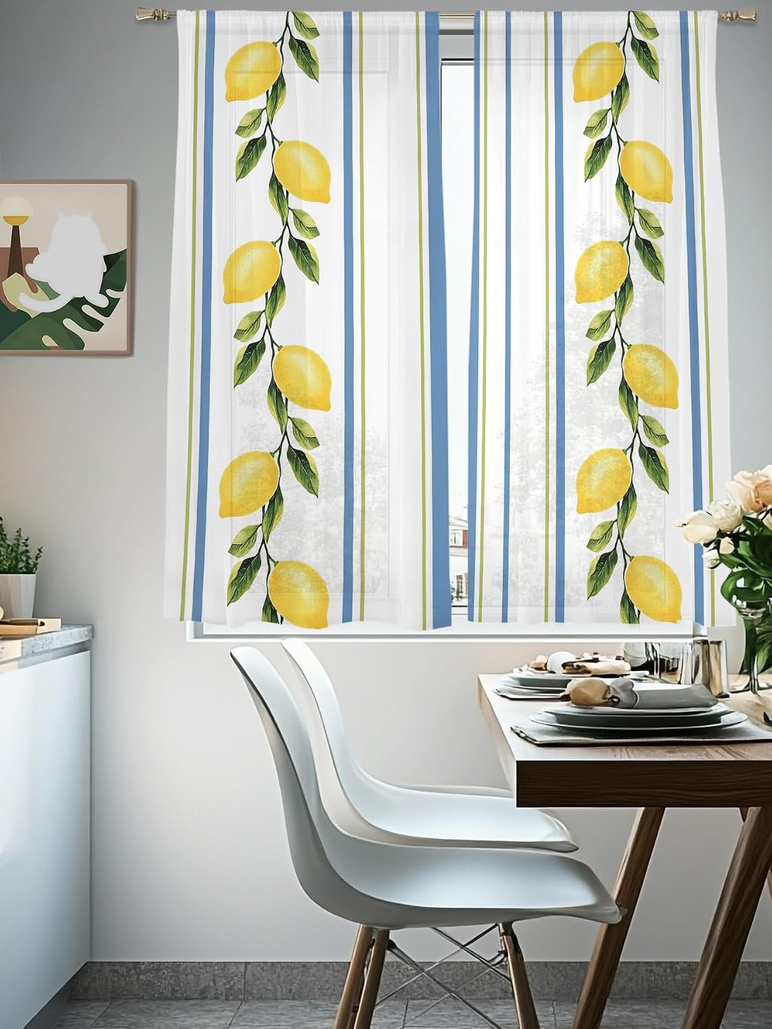 Lemon Striped Sheer Curtains 72 Inch Length 2 Panels, Yellow Fruit Blue White Geometric Light Filtering Voile Drapes for Living Room Bedroom Window Treatments, Rod Pocket Privacy Semi Sheer Curtains