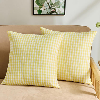 Yellow Gingham Throw Pillow Covers 18 x18 Set of 2, Farmhouse | Summer Outdoor Checkered Plaid Decorative Pillow Cover for Room Patio and Porch