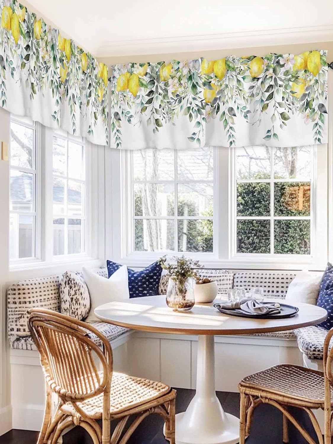 2 Pack Yellow Lemon Kitchen Valances for Windows, Nature Eucalyptus Leaves Short Valance Curtains Rod Pocket Window Treatments Watercolor Flowers Valances for Living Room Bedroom 42x12 Inch, 2 Panels