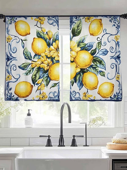 Yellow Lemon Semi Sheer Curtains 45 inch Length 2 Panels Set Middle Century Blue Italian Textured Kitchen Curtains Rod Pocket Sheer Drapes for Bedroom Living Room, Voile Window Treatment