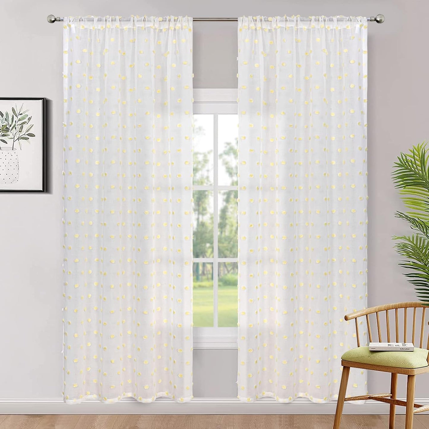 MYSKY HOME Pom Pom Sheer Curtains Rod Pocket Voile Sheer Drapes Window Curtains, 52"W x 72"L (Pack of 2), Yellow Pom Pom, Modern, All Season, Bedroom, Living Room, Nursery Room