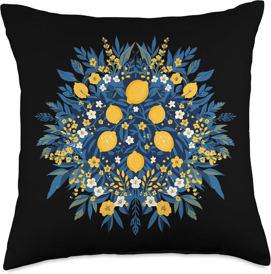Summer Lemon Bouquet Floral Citrus Botanical Throw Pillow