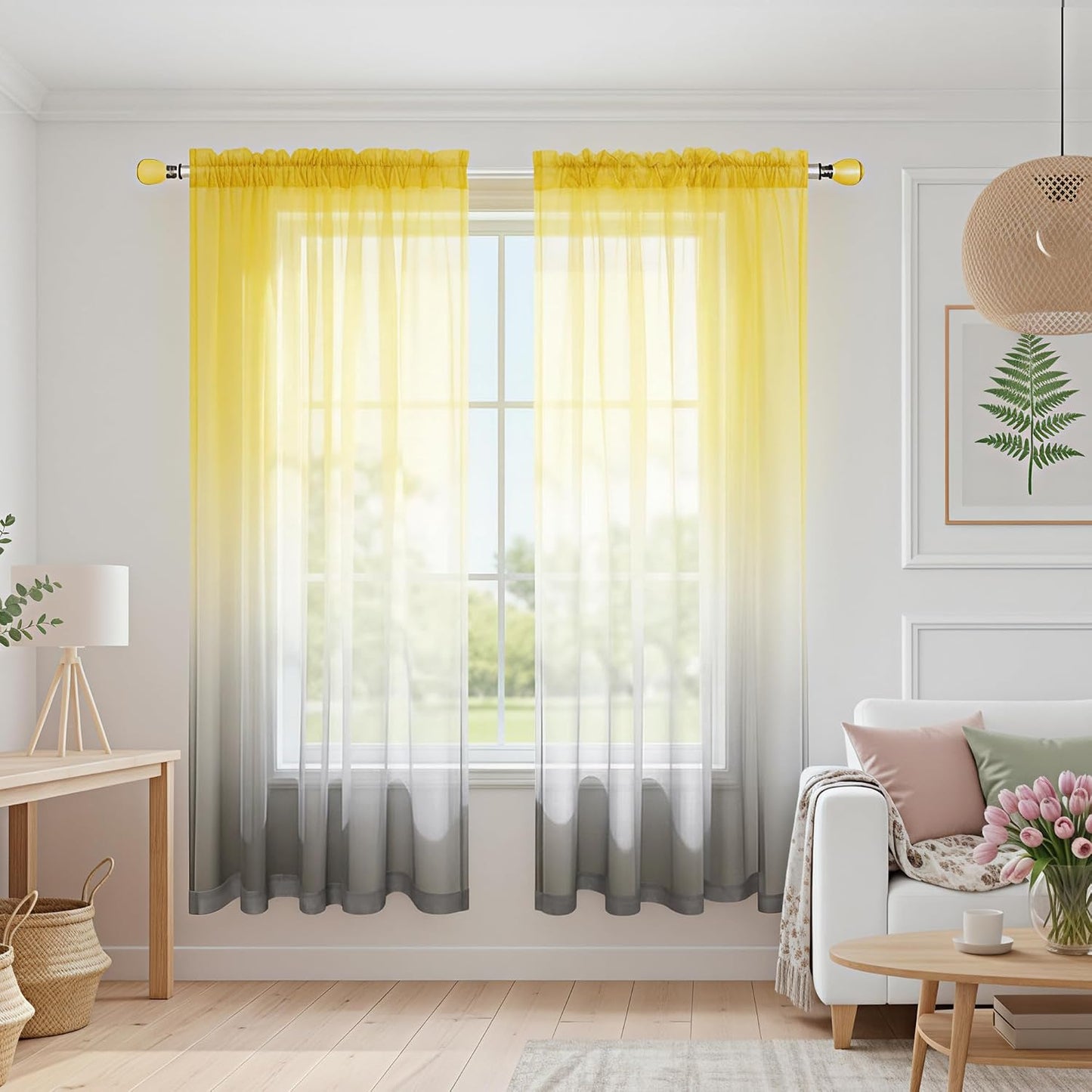 Yellow and Grey Curtains for Bedroom Set of 1 Panel Pole Pocket Faux Linen Semi Sheer Drapes Ombre Voile Curtains for Living Room Dining Room Girls Bedroom 52 x 63 Inch Length Yellow and Gray
