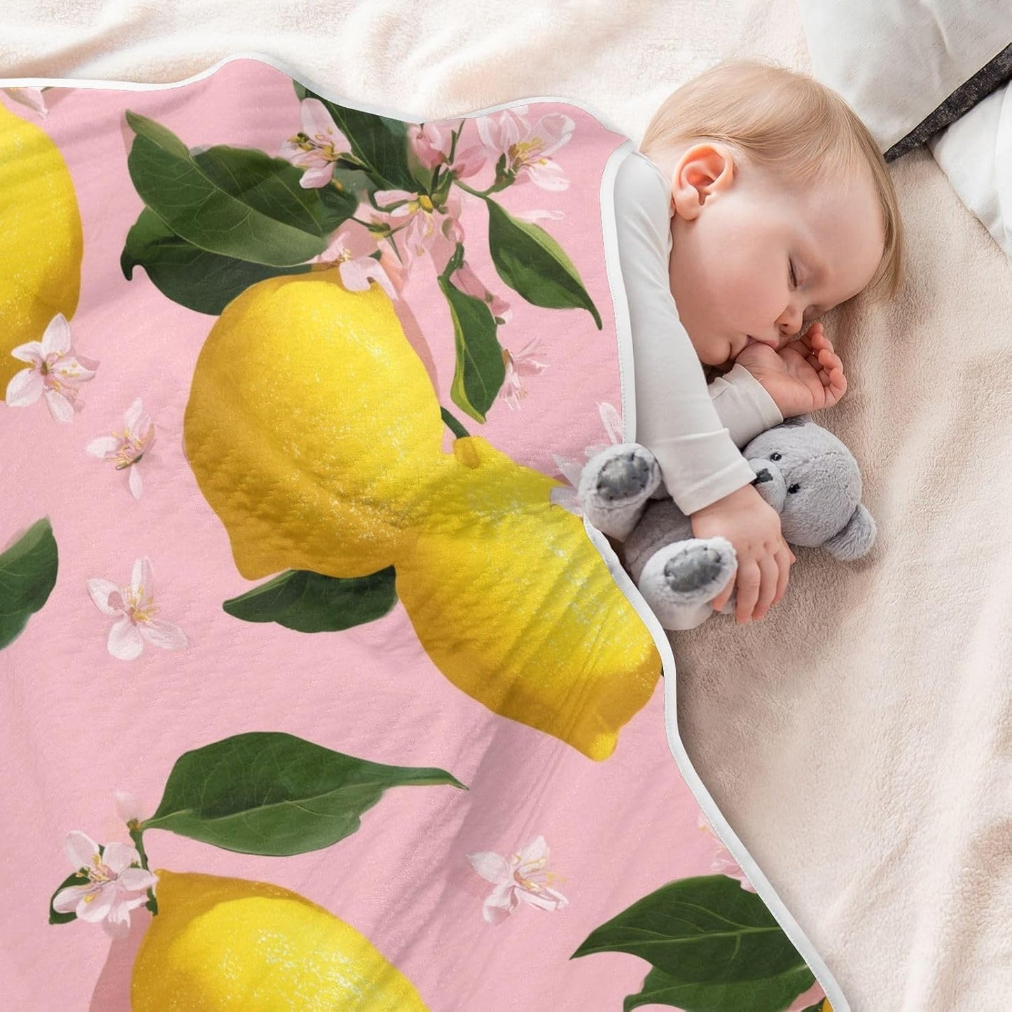 Yellow Lemon on Pink Baby Blanket Quilt - Soft Lightweight Cotton Baby Blankets for Boys & Girls, 30x40in
