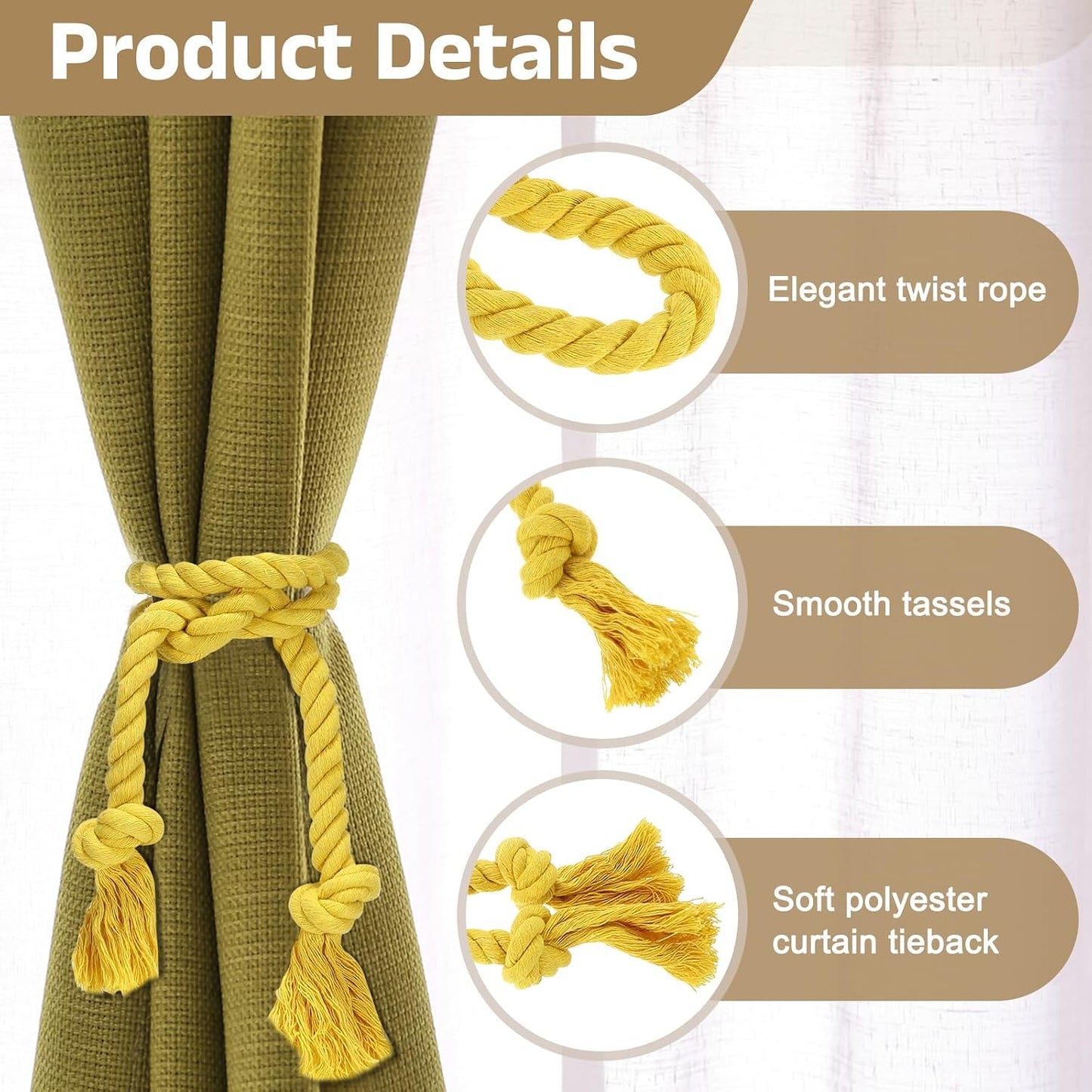 uxcell 2Pcs Rope Curtain Tiebacks, 30" Polyester Tassel Curtain Drapes Holdbacks Hand-Woven Decorative Tie Backs for Home Office Decor, Yellow
