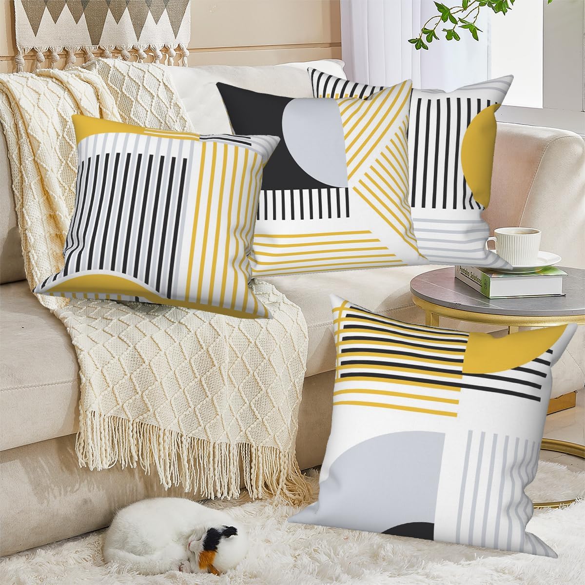 Modern Minimalist Throw Pillow Covers Geometric Striped Pillowcase Boho Line 20x20 Set of 4 Abstract Art Simple Yellow Cushion Covers for Bed Couch Sofa Living Room Garden Patio Car Decor