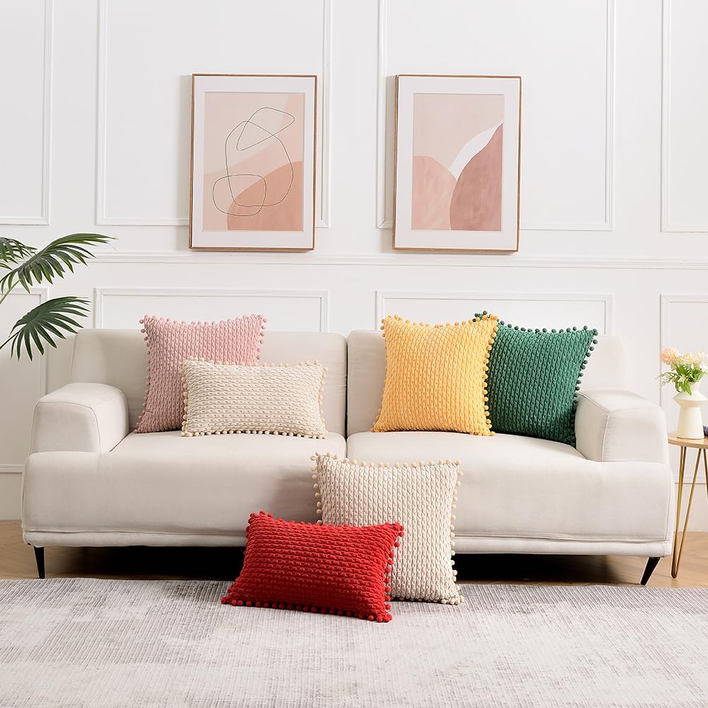 Fancy Homi Set of 2 Yellow Decorative Throw Pillow Covers 20x20 Inch with Pom-poms for Couch Bed Sofa, Modern Farmhouse Boho Spring Home Decor, Soft Plush Corduroy Cute Cushion Case 50x50 cm