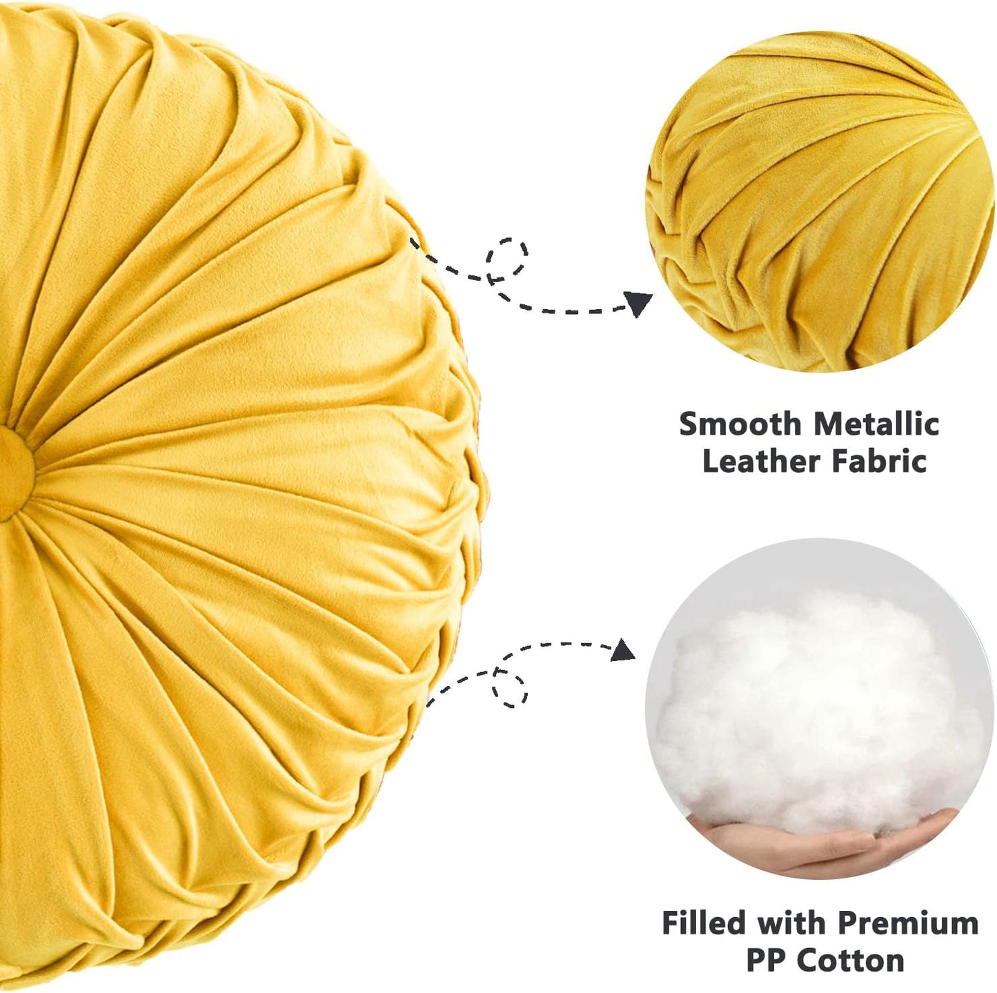 HIG Set of 2 Yellow Ruched Velvet Round Throw Pillows – 14.5’’ Decorative Pillows with Soft Polyester Filling for Couch, Bed, Living Room, Bedroom, or Dorm – Handmade, Stress Relieving, All-Season