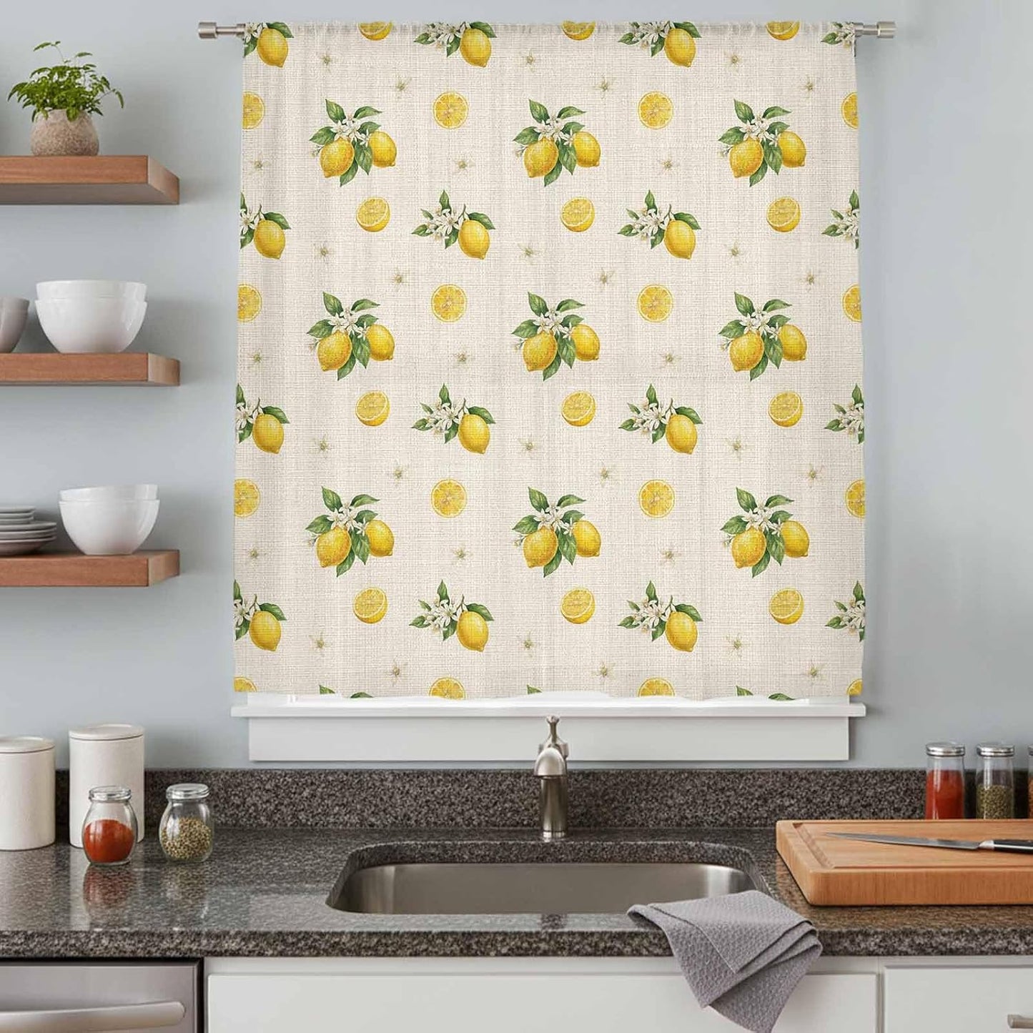 Sheer Curtains 63 Inches Long for Living Room/Bedroom, Cute Lemon Summer Rod Pocket Voile Kitchen Curtains & Drapes Window Treatment 1 Panel, 52"W x 63"L Farmhouse Floral Retro Linen Texture