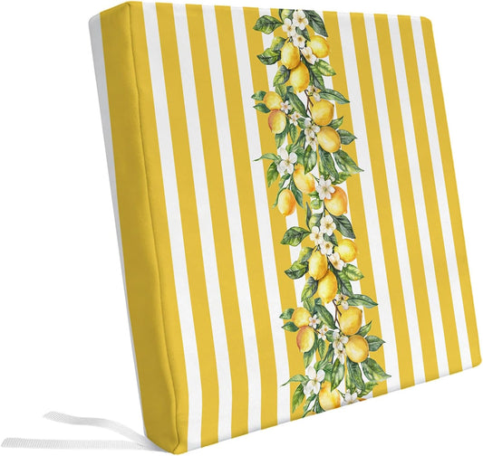 Outdoor Patio Cushion Covers 2 Pack Yellow Lemon Stripes Chair Pads Slipcovers with Ties Waterproof Floral Fruit Leaves Seat Cushion Covers for Outdoor Furniture Protector Couch Sofa 22x20 Inch