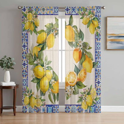 Summer Lemons Semi Sheer Curtains 72 inch length 2 panels set Vintage Yellow Fruit Flower Blue Ethnic Plaid Kitchen Curtains Rod Pocket Sheer Drapes for Bedroom Living Room, Voile Window Treatment