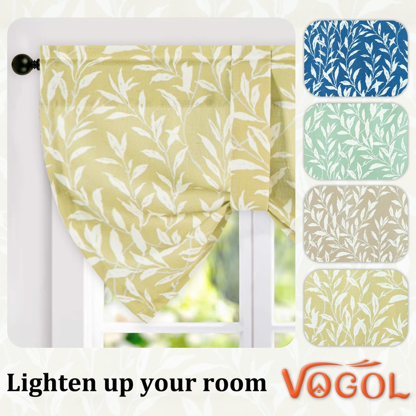 VOGOL Yellow Leaf Print Tie Up Kitchen Valance, 52 x 18, 1 Panel | Linen Textured Fabric, Softens Natural Light, Country Style, Rod Pocket Top, for Dining Room