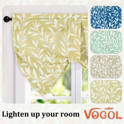 VOGOL Yellow Leaf Print Tie Up Kitchen Valance, 52 x 18, 1 Panel | Linen Textured Fabric, Softens Natural Light, Country Style, Rod Pocket Top, for Dining Room