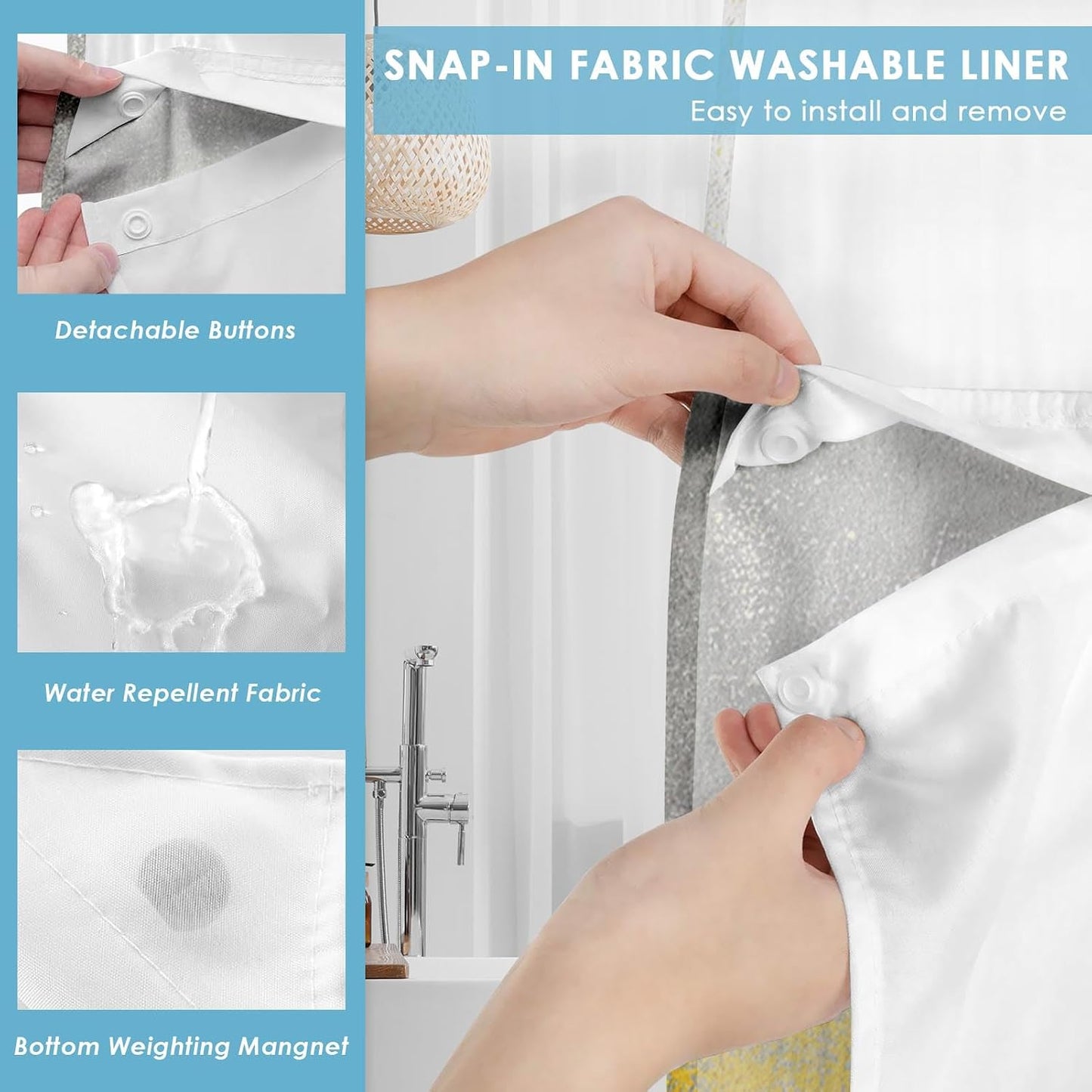 No Hook Abstract Yellow Grey Shower Curtain with Snap in Fabric Liner Set, Contemporary Modern Double Layers Waterproof Fabric with See Through Top Window Open Grommet Bath Curtain 71x74 Inch