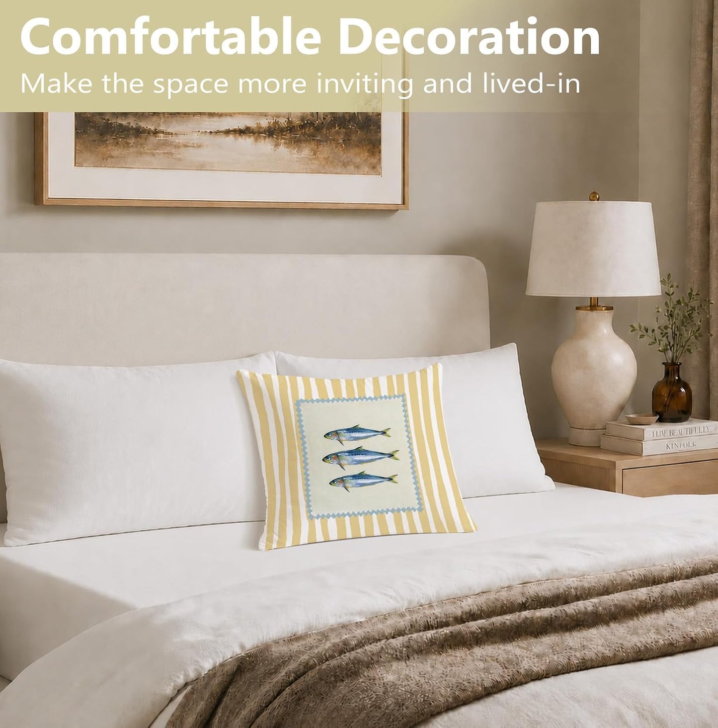 Sardine Fish Coastal Beach Pillow Cover 18x18, Beach House Decor, Trendy Fish Fishing Yellow Striped Decorative Throw Pillow Cover for Home Bedroom Living Room