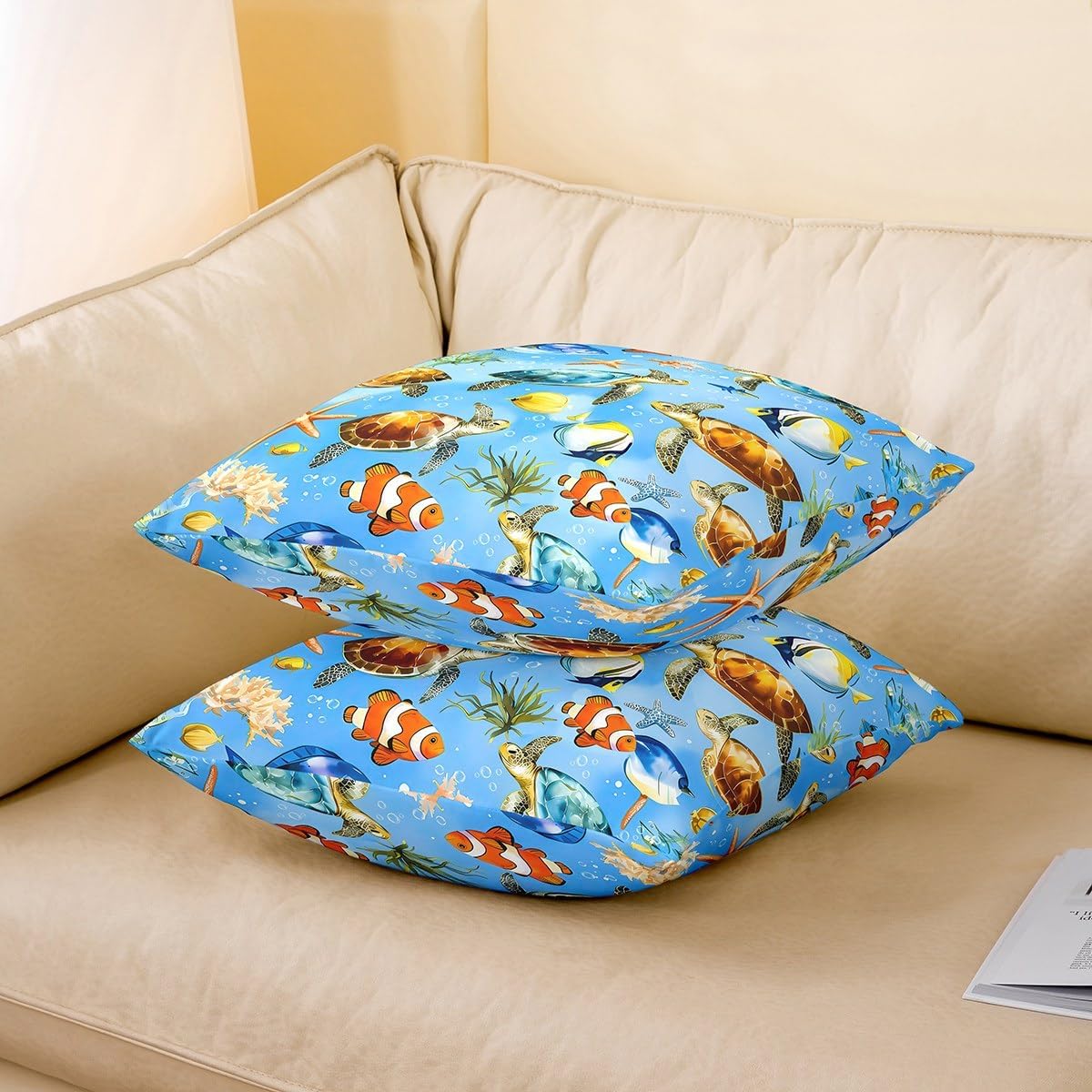 jejeloiu Sea Turtle Cushion Case,Fish Throw Pillow Covers 22"x22" 1Pcs,for Sofa Couch Bed Chair Car Beach Starfish Bedroom Home Decor,Summer Ocean Marine Underwater Animal Pattern