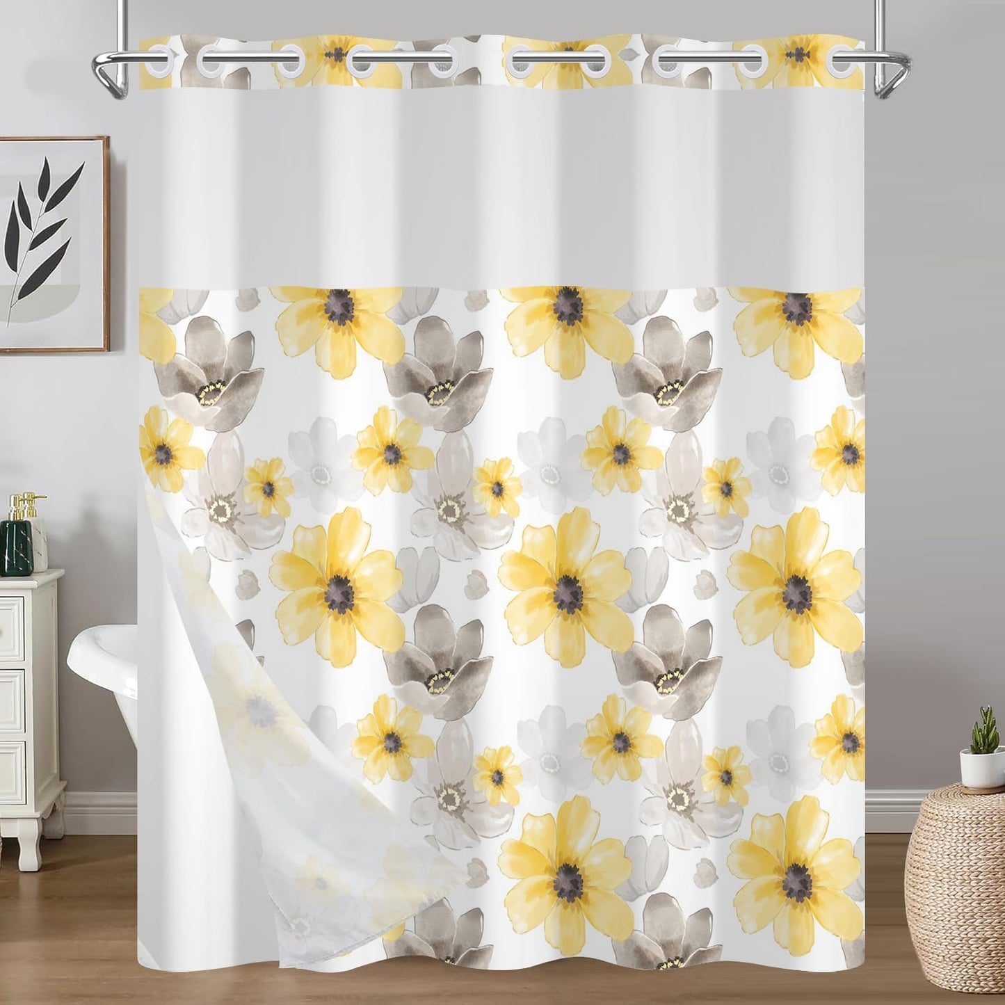 Yellow Gray Floral Shower Curtain with Snap in Liner, Waterproof Fabric No Hook Shower Curtain with See Through Window and Weighted Hem, Watercolor Flower Farmhouse Bathroom Curtains, 71x74 Inch