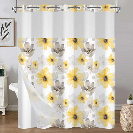 Yellow Gray Floral Shower Curtain with Snap in Liner, Waterproof Fabric No Hook Shower Curtain with See Through Window and Weighted Hem, Watercolor Flower Farmhouse Bathroom Curtains, 71x74 Inch