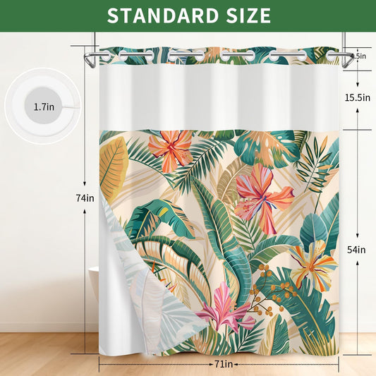Leowefowa Tropical Shower Curtain, Colorful Palm Leaf No Hook Shower Curtain with Snap-in Liner, Double Layer with Sheer Top Window, Waterproof Fabric for Tropical Bathroom Decor, 71" x 74"