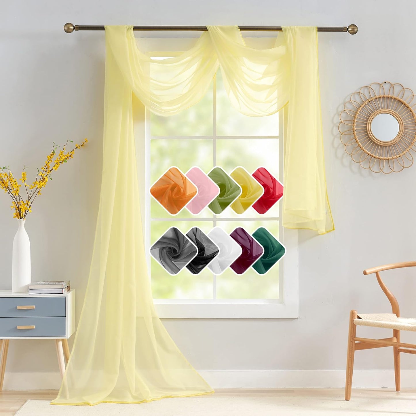 Luvyohmee Light Yellow Scarf Valances for Windows - Sheer Window Scarf Valance, 144 Inch Curtain Scarf Swag Curtains, Sheer Valances for Windows Fabric for Draping, Bed Canopy Curtains 52Wx144L