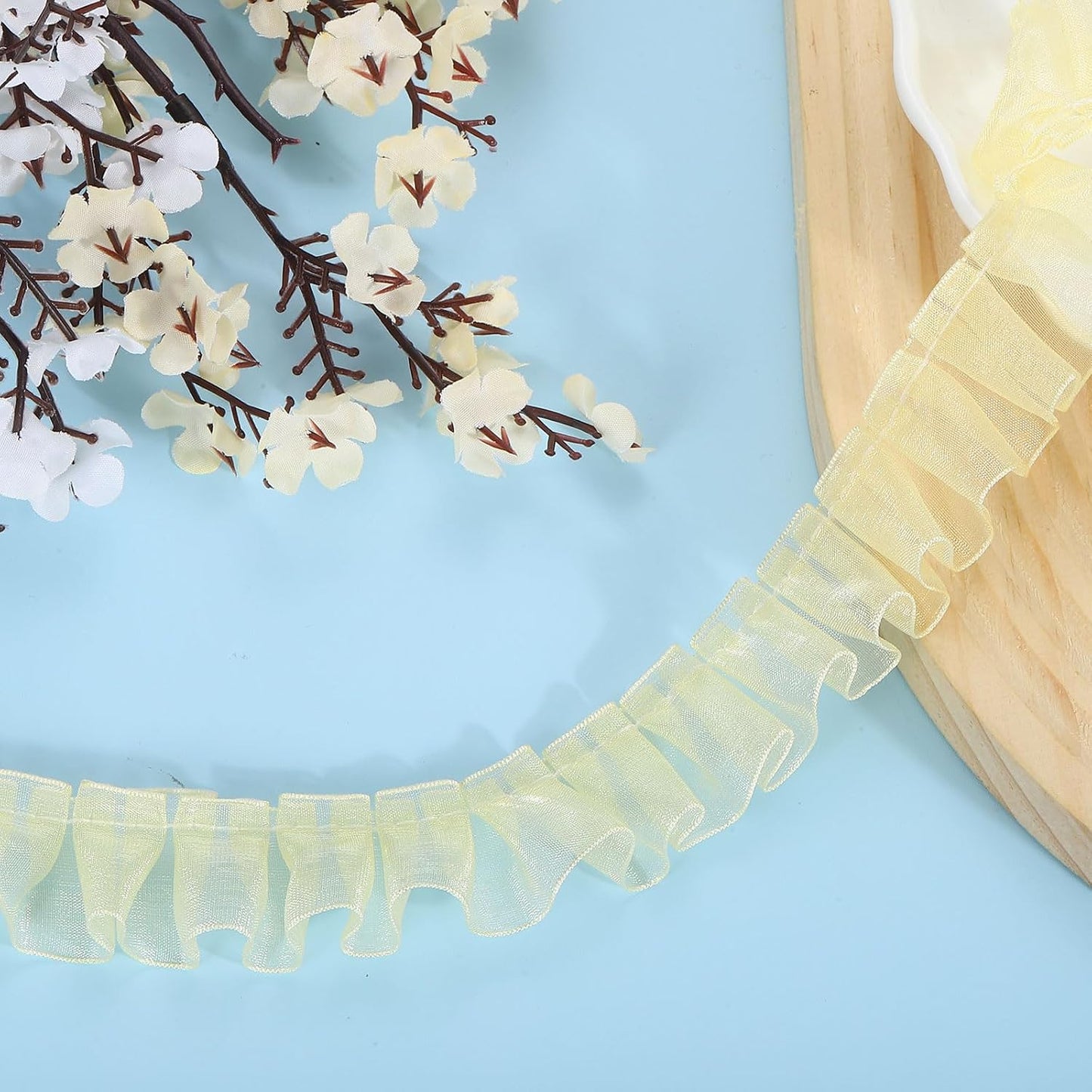 uxcell 11 Yards Ruffle Lace Trim Ribbon, 1" Width, Polyester, Light Yellow, Classic, Formal, Floral Pattern, Perfect for DIY Crafts, Clothing, Home Decoration