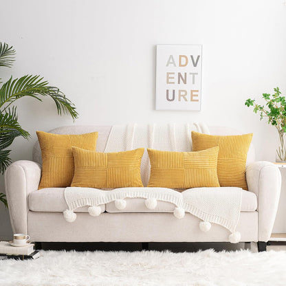 HWY 50 Mustard Yellow Corduroy Patchwork Throw Pillow Covers 12x20 Inch Rectangle, Set of 2, Soft Cozy Textured Decorative Cushion Cases for Couch Sofa Bed Living Room, Boho Striped Home Decor