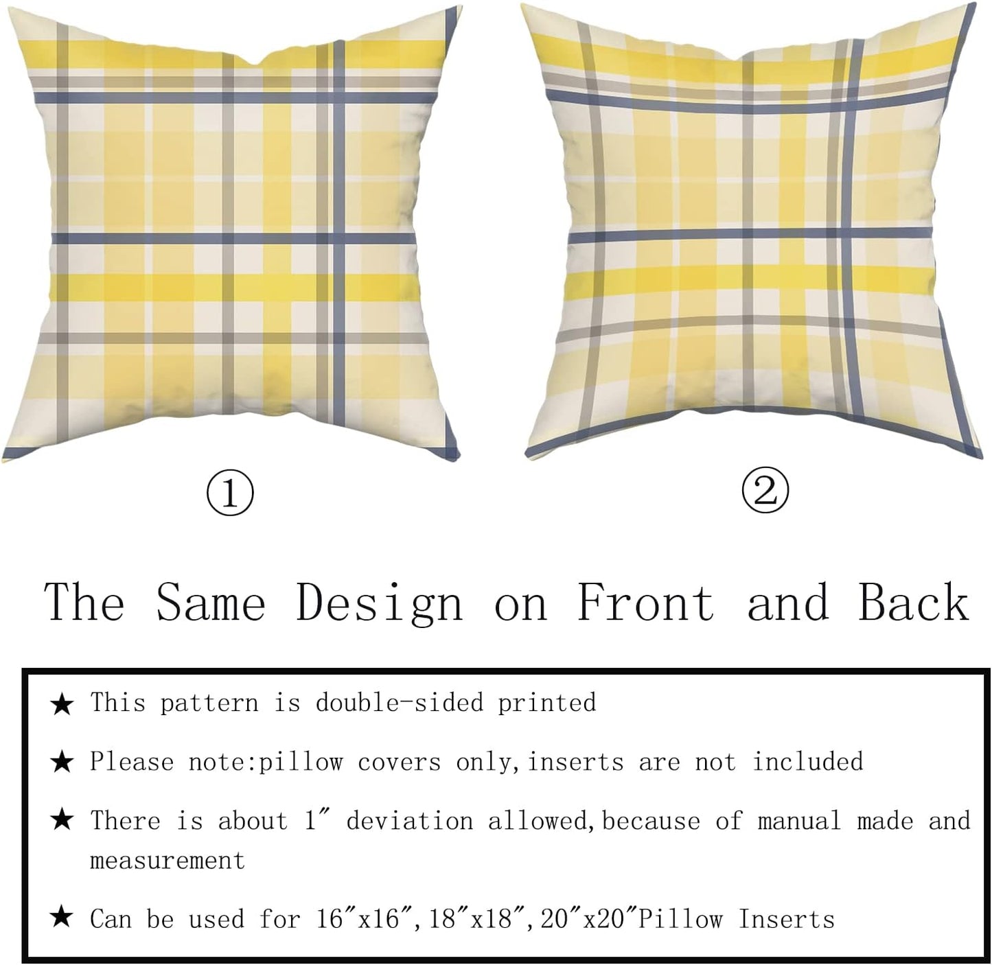Yellow Navy Blue Pillow Covers 18x18 Set of 2 Light Yellow Grey Buffalo Plaid Decorative Throw Pillows Spring Summer Decorations Pillowcase Cotton Square Cushion Cover Decor for Home Couch Bed Soft