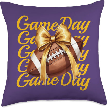 Fall Football Mom Retro Purple Yellow Game Day Croquette Bow Throw Pillow