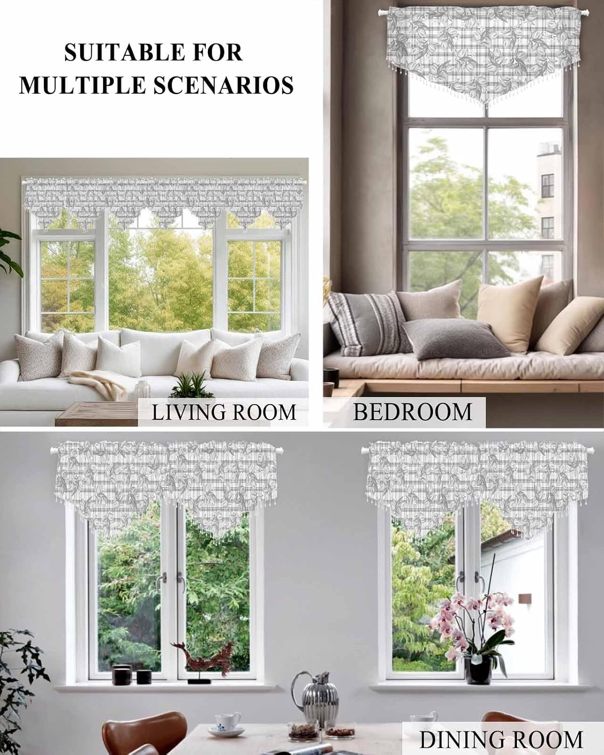 Daleng Beaded Sheer Valances for Windows Hand Painted Summer Lemon Flowers Grey Plaid Rod Pocket Triangle Valance Curtains 1 Pieces Tassels Voile Swag Curtains for Living Room Bedroom, 52x18 Inch