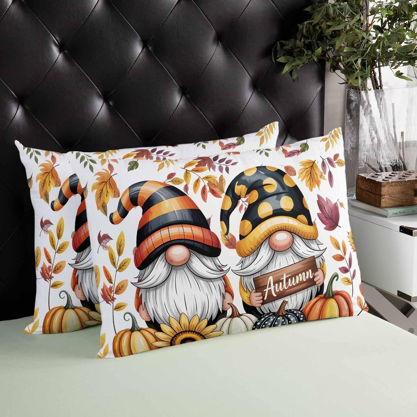 Yellow Orange Gnomes Fall Throw Pillow Cover 12x20,Pumpkins Thanksgiving Leaves Floral Decorative Reversible Pillowcase with Zipper for Sofa Couch Bed,Lightweight Pillow Sham Cushion Case Protectors