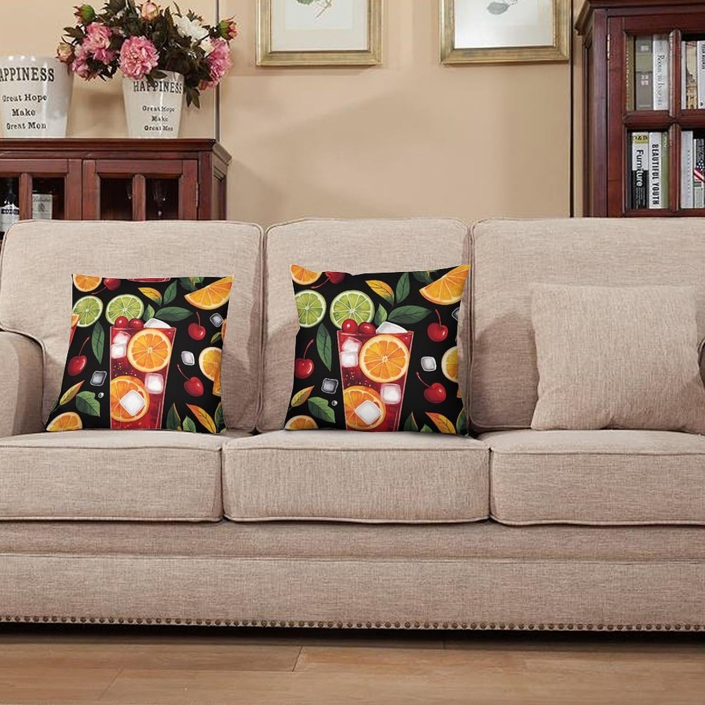Cartoon Lemon Cocktail Throw Pillow Covers for Living Room Bedroom, Rustic Summer Fruit Drink Pillowcases Outdoor Cushion Case for Couch Sofa Bed, 12x12 inch