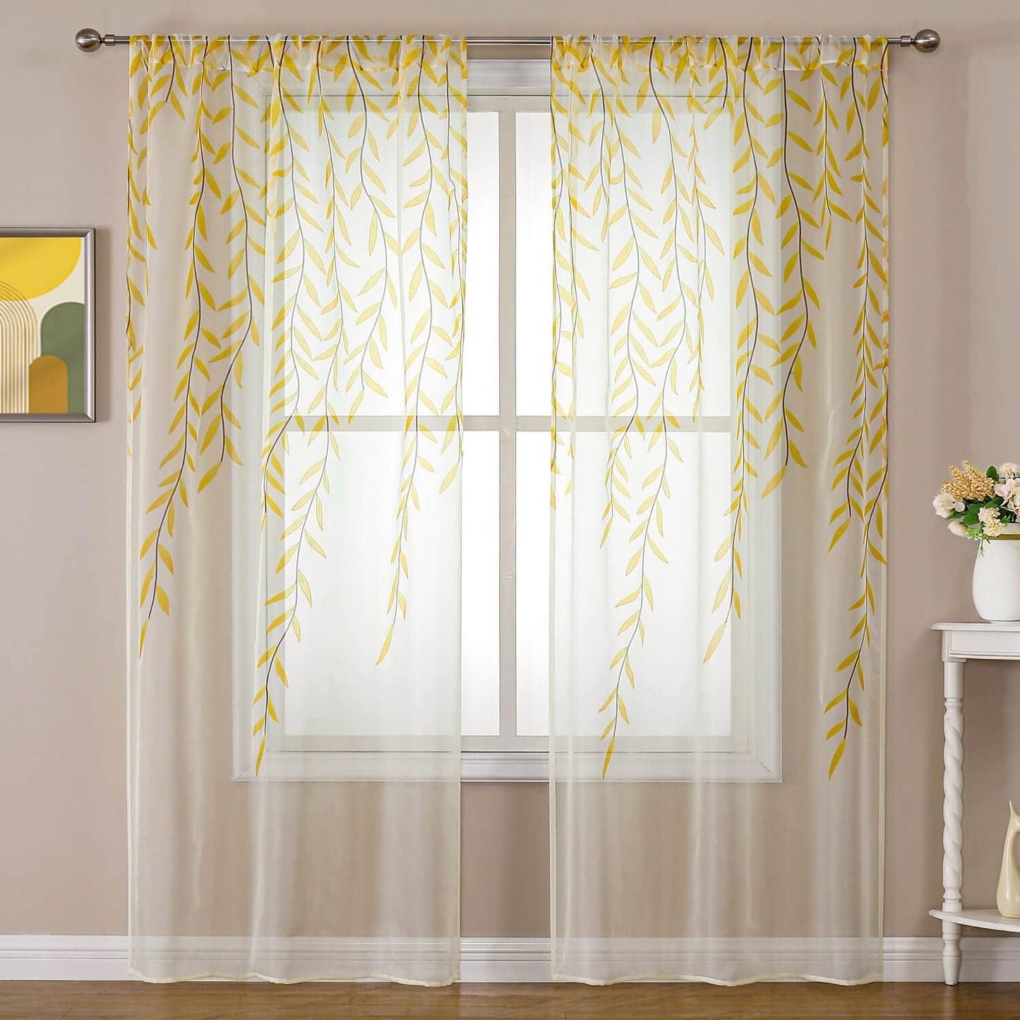 BROSHAN Yellow Sheer Window Curtains 2 Panels, Light Yellow Curtain Sheers Vine Leaves Pattern Voile Bedroom Curtains Rod Pocket Transparent Drapes for Living Room