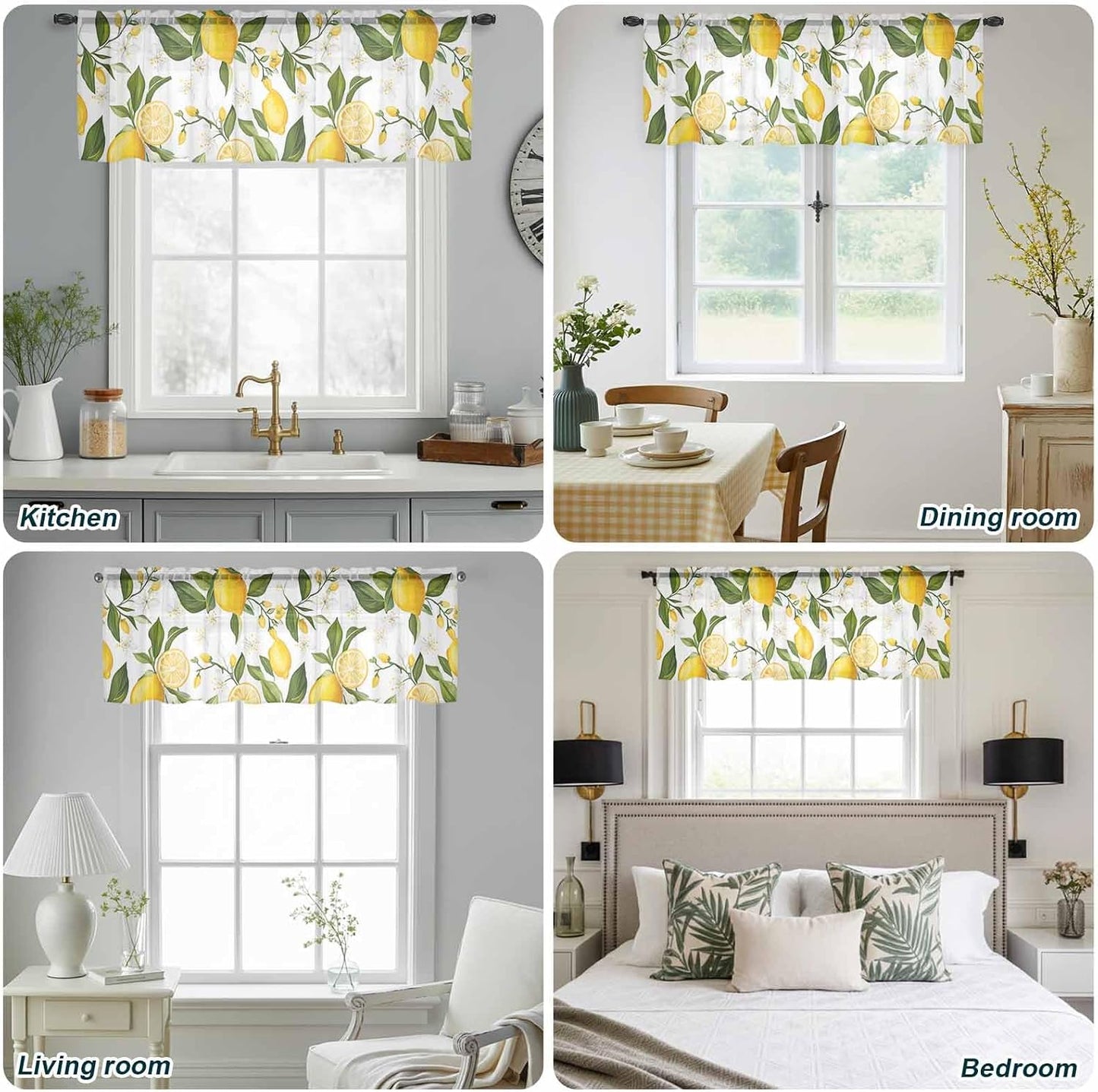 Lemon Summer Sheer Curtain 18 Inch Long Floral Lemon Yellow Green Light Filtering Rod Pocket Voile Curtain Valance for Bedroom Kitchen Cafe Window 54" W x 18" L